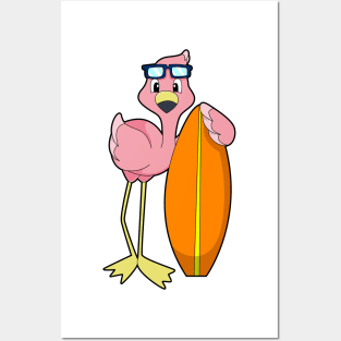 Flamingo as Surfer with Surfboard Posters and Art